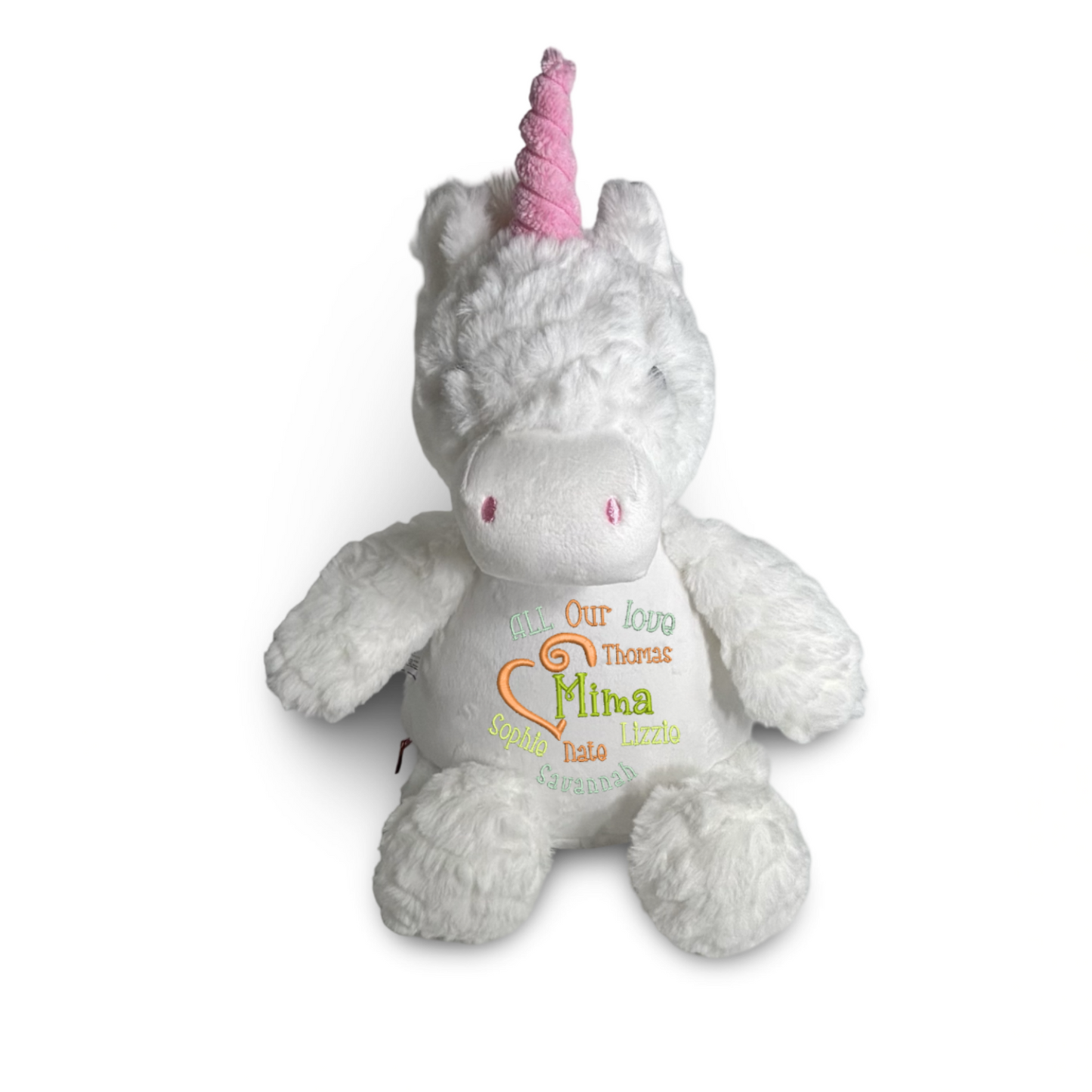Plush unicorn toy with a pink horn on a white background