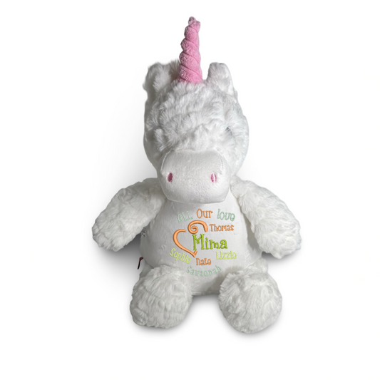 Plush unicorn toy with a pink horn on a white background