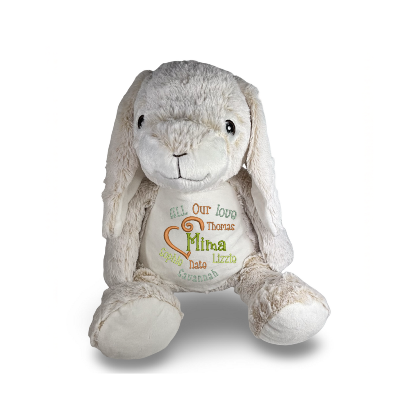 Plush bunny toy with embroidered text on a white background