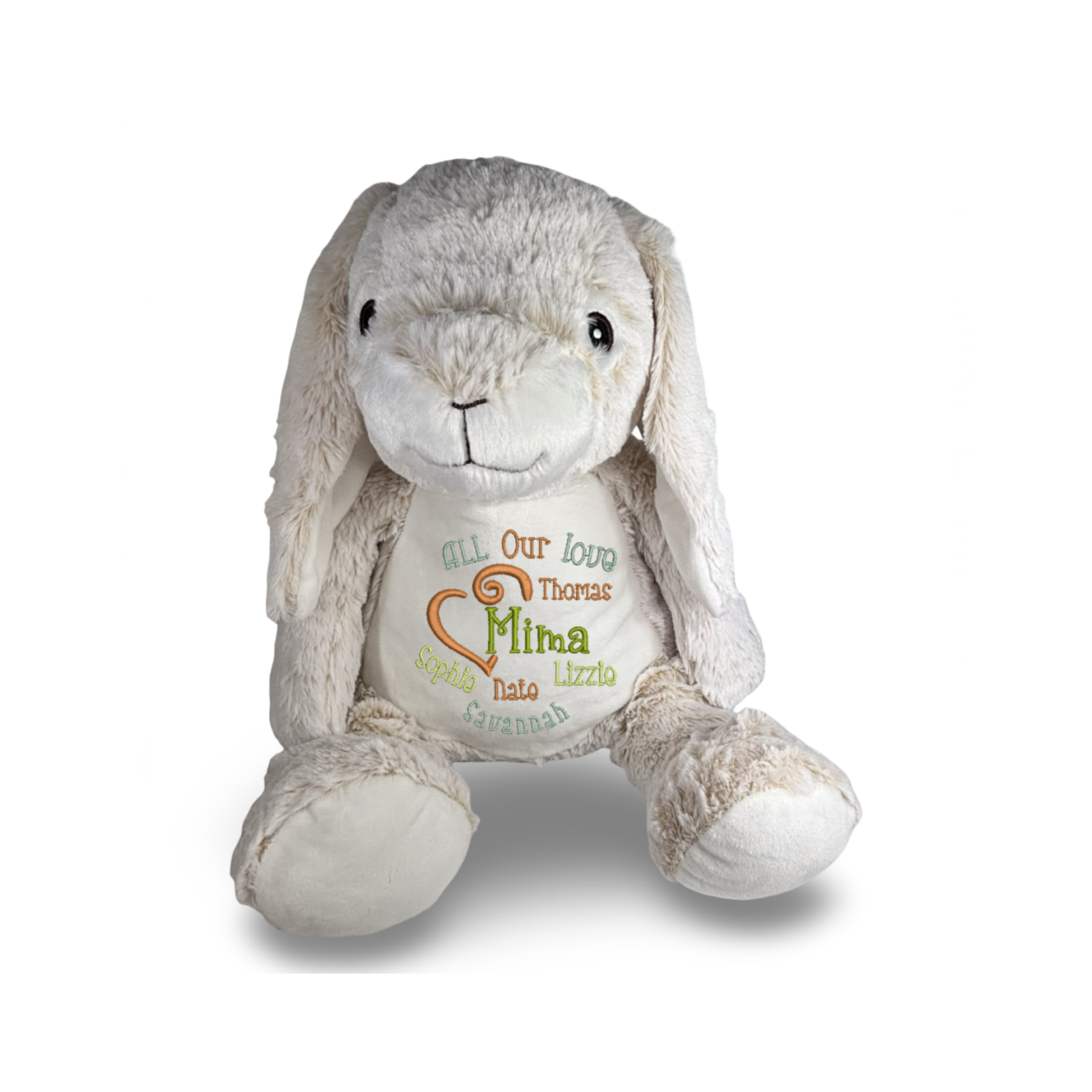 Plush bunny toy with embroidered text on a white background